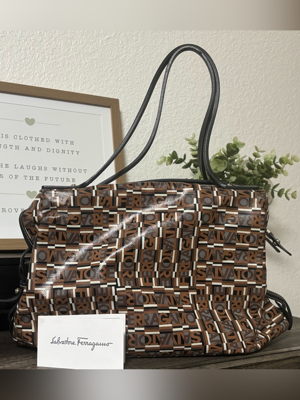Salvatore Ferragamo Brown and Black Signature Pattern Tote.